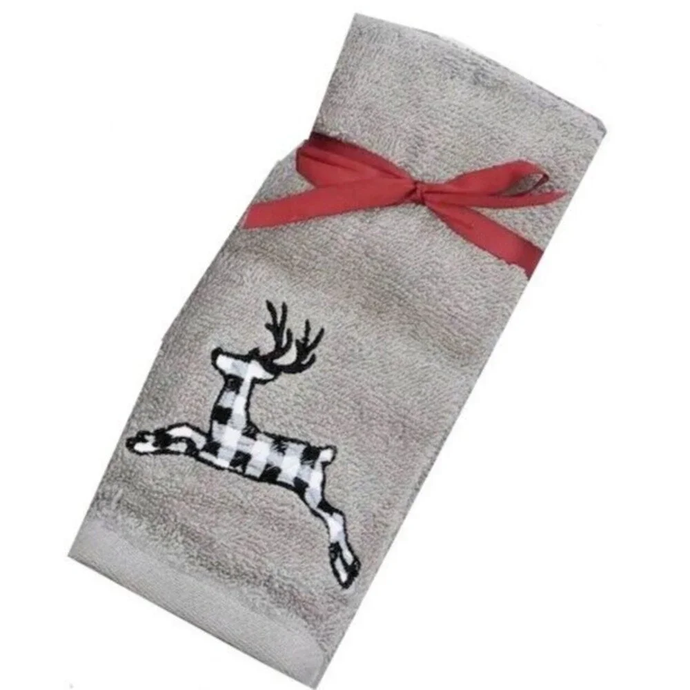 Avanti Reindeer Christmas Fingertip Towels Embroidered Buffalo Check Set of 2